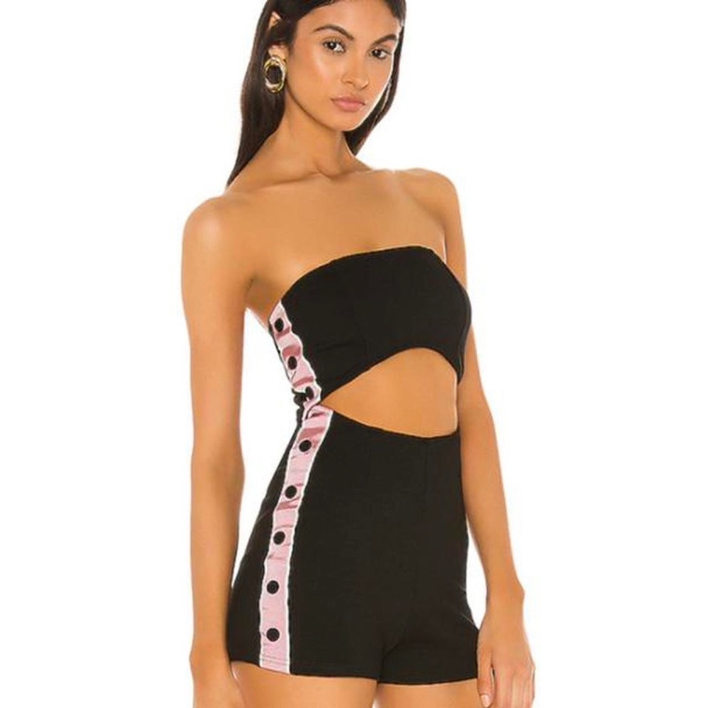 superdown Black Strapless Cutout Romper with Pink Side Stripe
